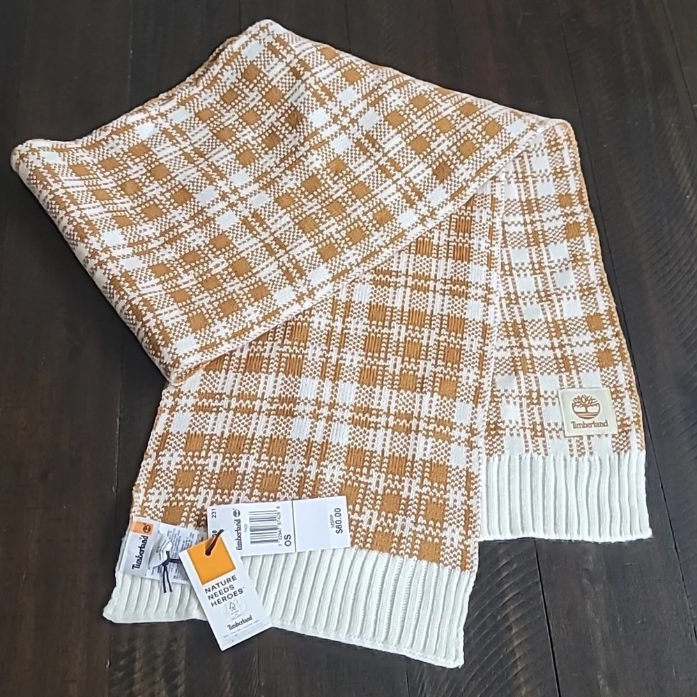 NWT Timberland Unisex Plaid Knit Scarf Acrylic Camel Cream 10